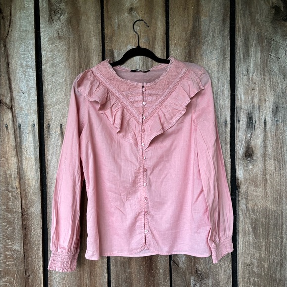 Vintage Inspired Pink Ruffled Collar Smocked Sleeve Victorian Pin tucked Top SzL - Picture 6 of 7